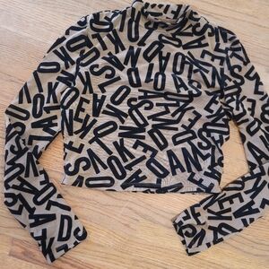 NEW Black Letters On Brown Tan Mesh Long Sleeve Cropped Top SHEIN